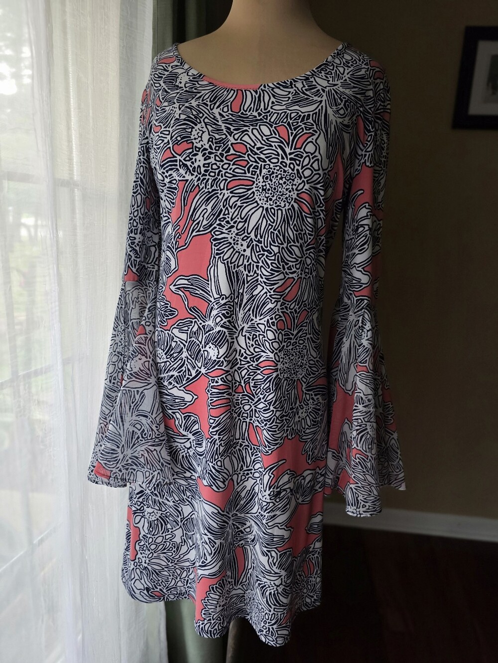MSK Coral Floral Bell Sleeve Mini Shift Dress S EUC Boho Whimsygoth Festival